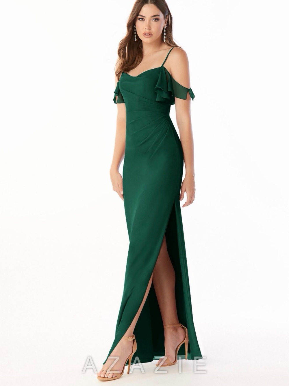 Azazie Emerald Cold-Shoulder Maxi Gown